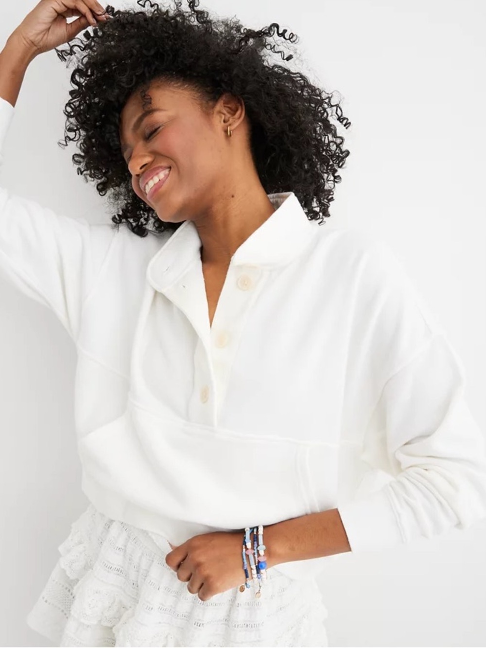 AERIE - Button Mock Neck Cropped Sweatshirt Sz Large